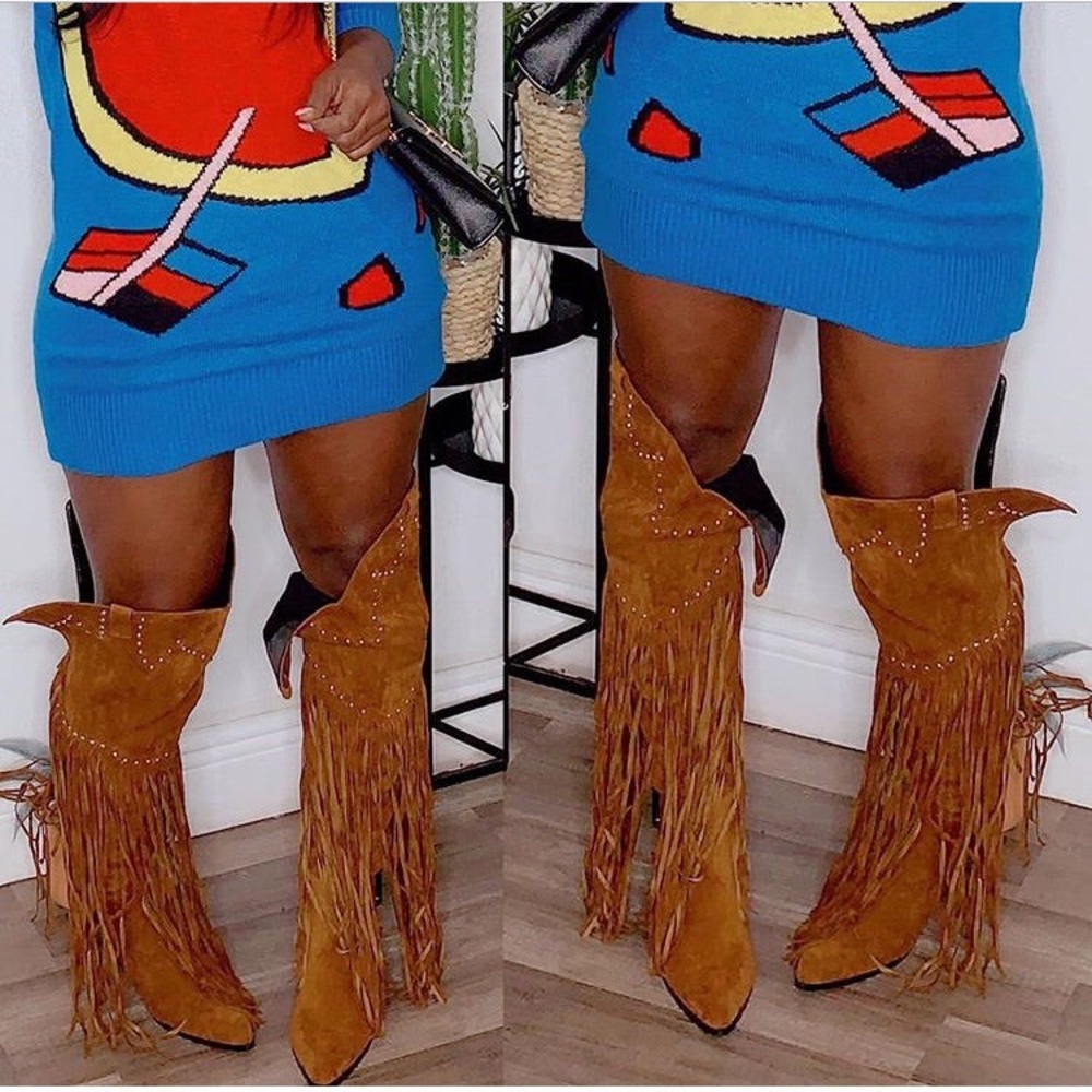 Over The Knee Boots Cow Girl Boots with fringes